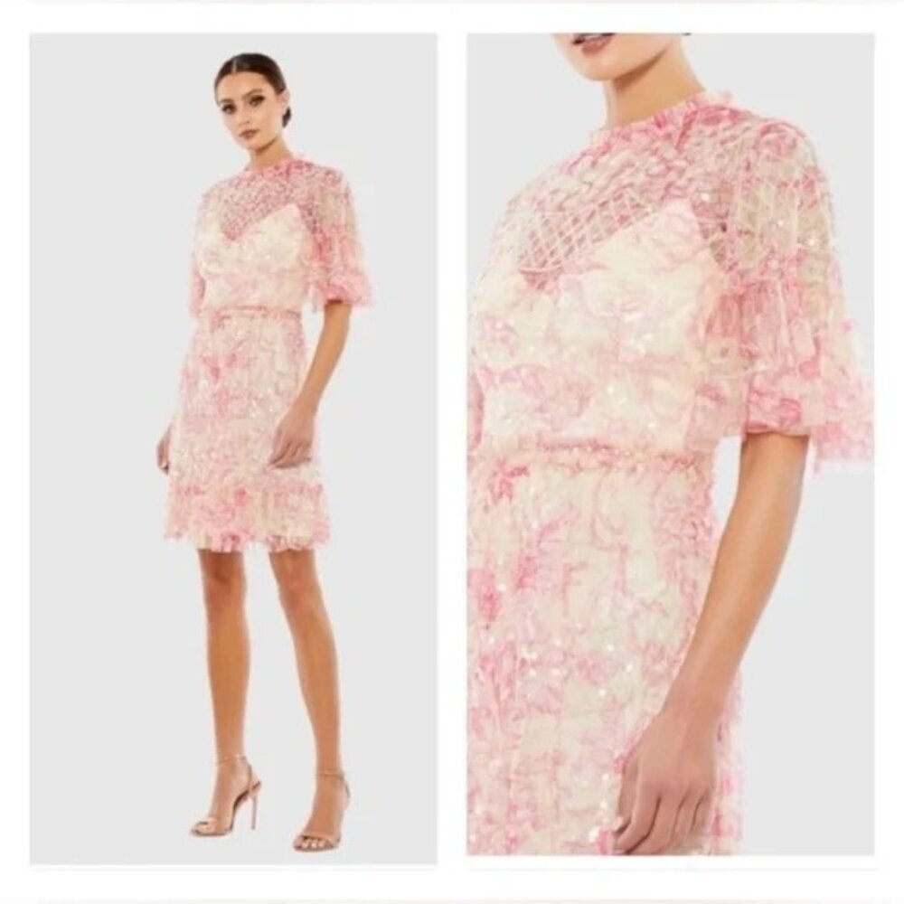MAC DUGGAL 9148 Mini Dress Cocktail Flounce Sleeve Floral Embellished Size 4 NWT